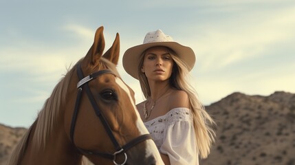 Canvas Print - Woman in Cowboy Hat Riding a Horse in the Desert