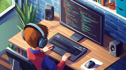 Poster - 
Digital tools for teen tech education: children developing a simple video game on a laptop. Isometric banner emphasizing STEM training for kids, with a focus on programming courses.