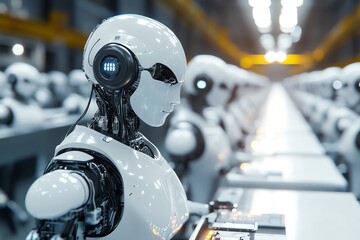 Poster - A Row of White Humanoid Robots in a Factory Setting