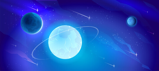 Poster - blue outer space background with stars and nebula, neon glowing planets with orbit and falling aster
