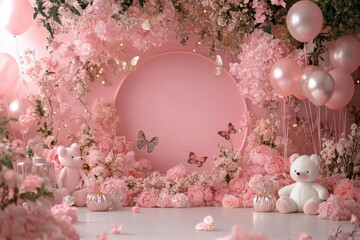 Wall Mural - A pink room with a pink background and pink flowers