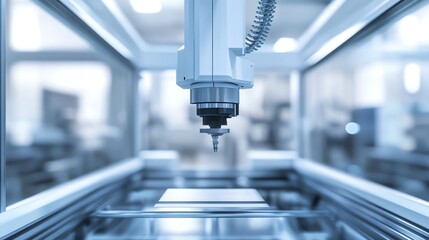 Poster - Close-up of a robotic arm with a drill bit in a factory setting.