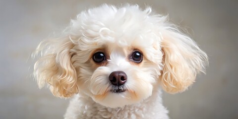 Adorable teacup poodle with fluffy white fur and curious amber eyes available for adoption, bringing joy and snuggles