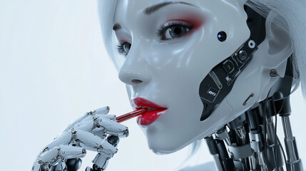 Poster - Elegant robot woman with AI, wearing a wig, applying lipstick and makeup. Frightening mechanical robot disguising itself as human with a 3D printer. Terrifying robot face concealed beneath a human .