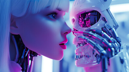 Poster - Elegant robot woman with AI, wearing a wig, applying lipstick and makeup. Frightening mechanical robot disguising itself as human with a 3D printer. Terrifying robot face concealed beneath a human .