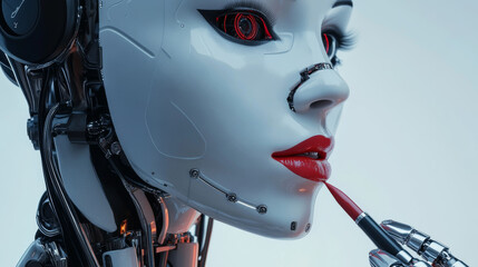 Poster - Elegant robot woman with AI, wearing a wig, applying lipstick and makeup. Frightening mechanical robot disguising itself as human with a 3D printer. Terrifying robot face concealed beneath a human .
