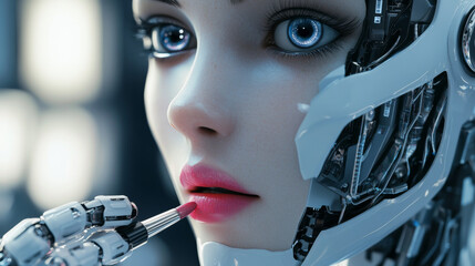 Poster - Elegant robot woman with AI, wearing a wig, applying lipstick and makeup. Frightening mechanical robot disguising itself as human with a 3D printer. Terrifying robot face concealed beneath a human .