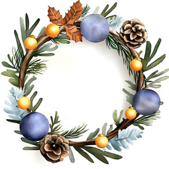 Wall Mural - A festive hand drawn Christmas wreath of lush pine branches adorned with glowing lights isolated on white background