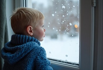 Wall Mural - Boy in blue sweater looking at snowflakes through window. Winter scene with snowy background. Child gazing outside during wintertime. Seasonal portrait for holiday or Christmas design