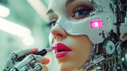 Poster - Elegant robot woman with AI, wearing a wig, applying lipstick and makeup. Frightening mechanical robot disguising itself as human with a 3D printer. Terrifying robot face concealed beneath a human .