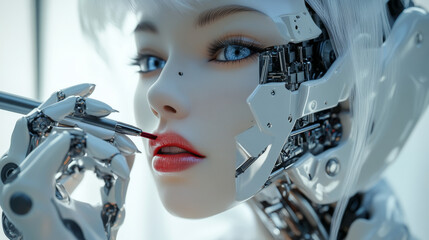 Poster - Elegant robot woman with AI, wearing a wig, applying lipstick and makeup. Frightening mechanical robot disguising itself as human with a 3D printer. Terrifying robot face concealed beneath a human .