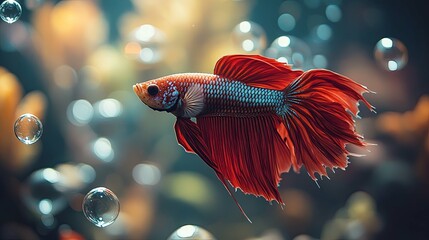 Wall Mural - Red Betta Fish with Flowing Fins in Water with Bubbles