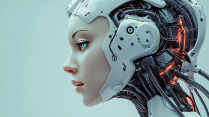 Poster - Elegant robot woman with AI, wearing a wig, applying lipstick and makeup. Frightening mechanical robot disguising itself as human with a 3D printer. Terrifying robot face concealed beneath a human .
