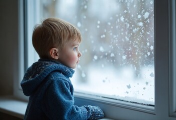 Wall Mural - Boy in blue sweater looking at snowflakes through window. Winter scene with snowy background. Child gazing outside during wintertime. Seasonal portrait for holiday or Christmas design