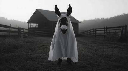 Donkey in a Ghost Costume in Black and White