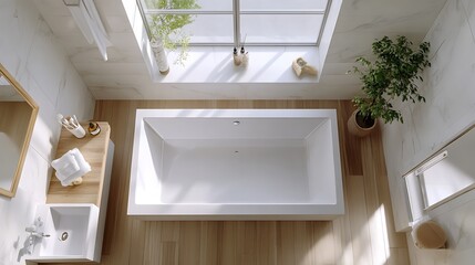 Wall Mural - Top view of a modern bathroom with a white bathtub, wooden floor, a window and a plant.