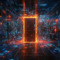 Poster - a futuristic door in cyberspace, serving as a portal to a digital data center within the virtual met