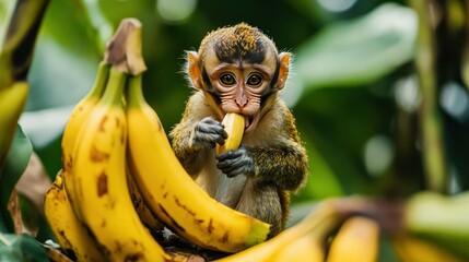 A mischievous monkey, with a twinkle in its eye, steals a banana from a nearby bunch.