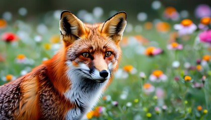 Wall Mural - Majestic red fox exploring a vibrant field of colorful flowers