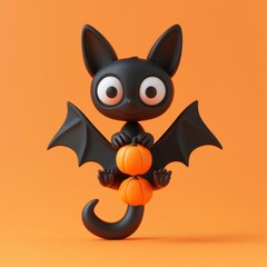 Sticker - Cute Cartoon Black Bat Holding Pumpkins on Orange Background