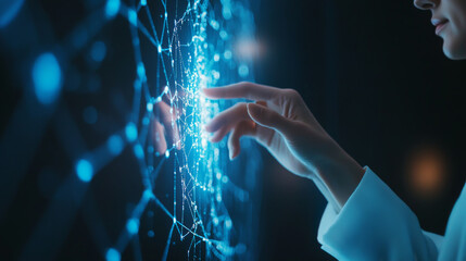 Poster - Big Data concept. Digital neural network. Businesswoman’s hand engaging with artificial intelligence integration. Futuristic cyberspace. Science and technological advancements.