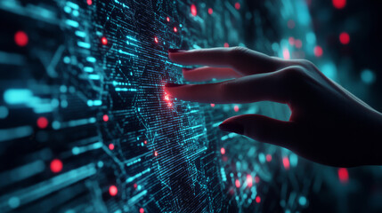 Poster - Big Data concept. Digital neural network. Businesswoman’s hand engaging with artificial intelligence integration. Futuristic cyberspace. Science and technological advancements.