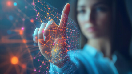 Poster - Big Data concept. Digital neural network. Businesswoman’s hand engaging with artificial intelligence integration. Futuristic cyberspace. Science and technological advancements.