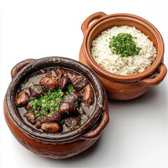 Wall Mural - a clay pot with Brazilian feijoada and another with rice