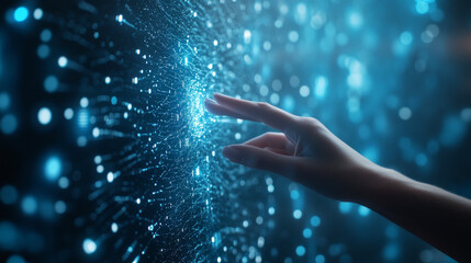 Poster - Big Data concept. Digital neural network. Businesswoman’s hand engaging with artificial intelligence integration. Futuristic cyberspace. Science and technological advancements.