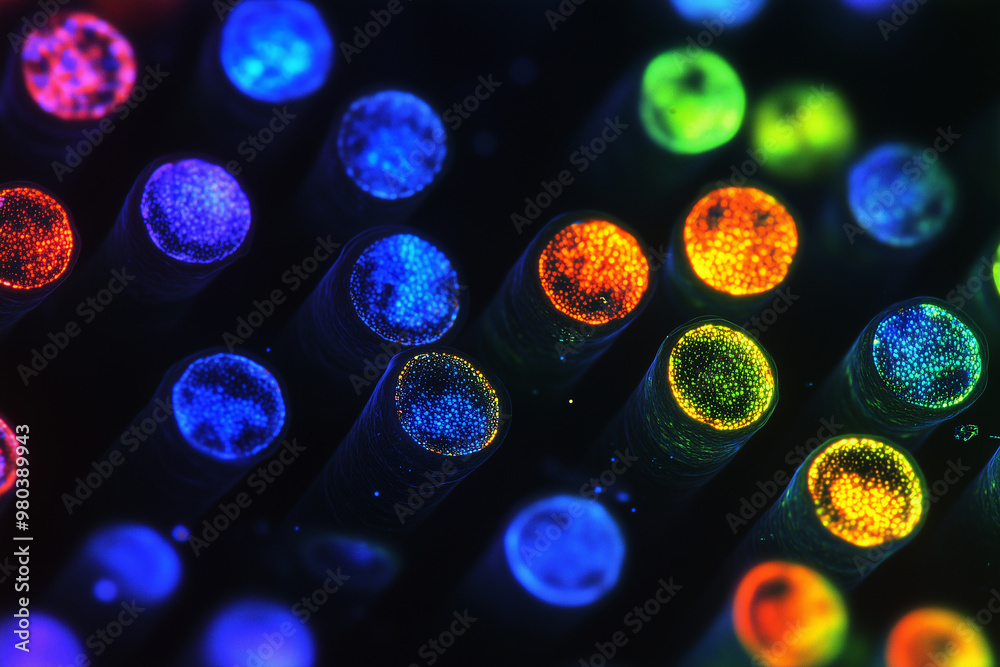 Microscope view of bioengineered cells glowing in different colors ...