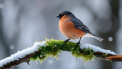 Wall Mural - Male Eurasian bullfinch resting on a mossy branch amidst a serene winter landscape