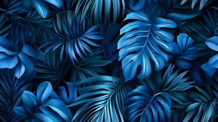 Wall Mural - Seamless pattern featuring layered tropical leaves in varying shades of blue
