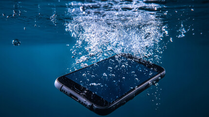 black smartphone dropping into water. mobile touchscreen phone sinking beneath the surface. electron