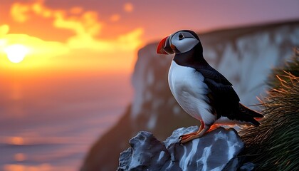 Wall Mural - Silhouette of an Atlantic puffin perched on a cliff against a breathtaking sunset backdrop