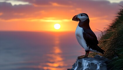 Wall Mural - Silhouette of an Atlantic puffin perched on a cliff against a breathtaking sunset backdrop