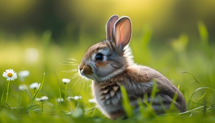 Wall Mural - Charming rabbit nestled in vibrant spring grass