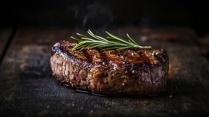 Sticker - Closeup of a juicy and tender grilled beef steak with a crisp seared exterior and a fresh rosemary sprig as a garnish resting on a dark wooden surface with a moody dramatic lighting setup