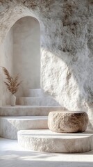 Wall Mural - minimalist stone podium with soft shadows in pristine white room subtle textures and clean lines create an elegant gallerylike setting for product showcase