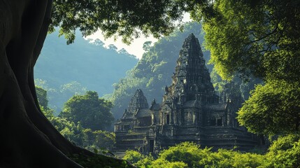 Wall Mural - A serene view of the most beautiful temple in the world, surrounded by ancient trees and lush greenery.