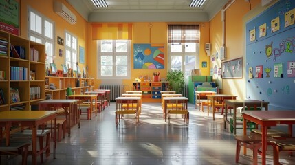 Wall Mural - A colorful classroom filled with desks, books, and educational posters on the walls.