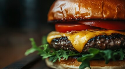 Poster - Close-up of a Juicy Cheeseburger with Tomato and Lettuce