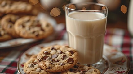 Milk and Cookies: A classic scene of a glass of milk with a plate of freshly baked cookies, arranged on a playful, kid-friendly background that evokes a sense of warmth and comfort.