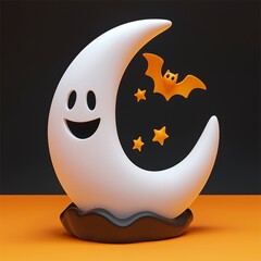 Poster - Cute 3D Cartoon Moon with Bat and Stars for Halloween