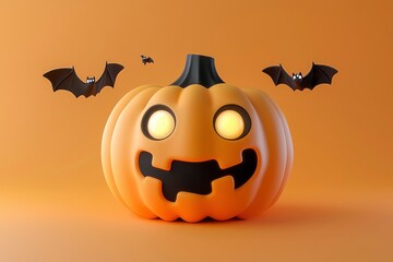 Sticker - Smiling Jack-o'-Lantern with Bats on Orange Background