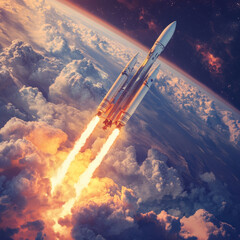 Wall Mural - heavy reusable rockets launching into space, featuring stage separation. the reusable rocket stages 