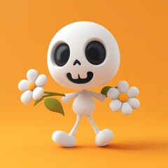 Wall Mural - Cute Cartoon Skeleton Holding Flowers