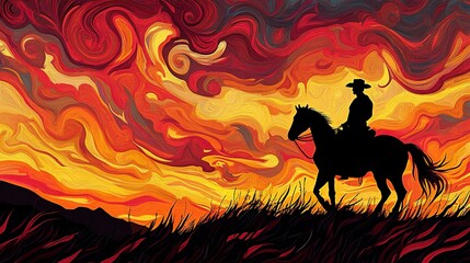 Wall Mural - A silhouette of a cowboy riding a horse across a vibrant, fiery landscape at sunset or sunrise. The dramatic sky is filled with swirling shades of red, orange and yellow, resembling flames or lava. 