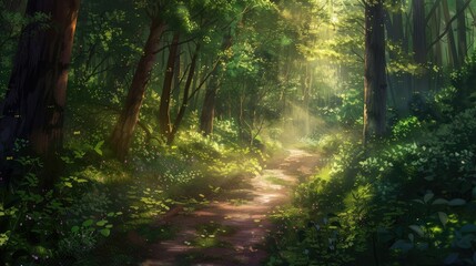 Wall Mural - A lush forest path surrounded by tall trees and dappled sunlight.