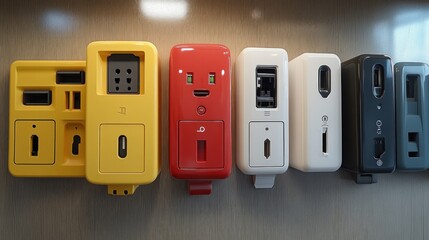 A collection of multi-functional power adapters and sockets.