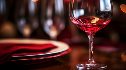 Close-up of a glass of red wine on an elegant dining table with a red napkin and soft lighting.